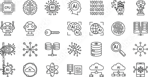 AI icons, machine learning symbols, neural network, microchip, robot head, cloud computing, data analysis, fingerprint, CPU, binary code, artificial intelligence, smart technology