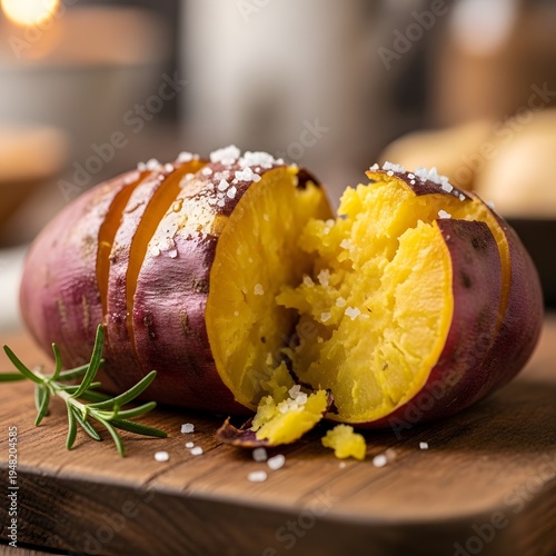Baked Sweet Potato on Wooden Cutting Board with Rosemary and Sea Salt