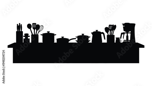 A black silhouette of various kitchen utensils and appliances on a countertop, including a coffee maker, kettle, pots, pans, and other cooking tools.