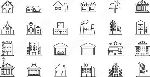 church, factory, mailbox, shop, garage, duplexBuilding icons, infrastructure symbols, house, hospital, courthouse, hotel, office, church, factory, mailbox