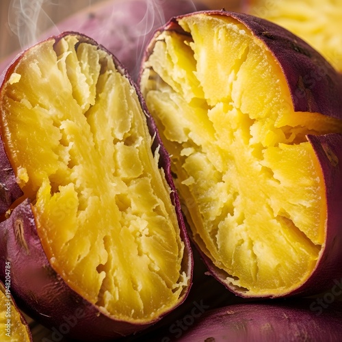 Steaming Hot Purple Sweet Potatoes Cut Open Showing Yellow Flesh