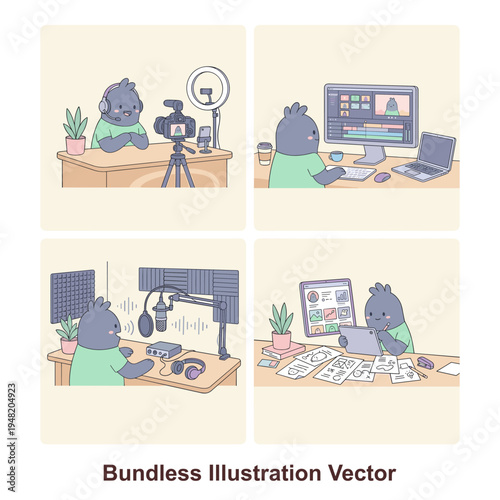 Cute monster content creator bundle featuring streaming, video editing, podcast recording, and digital illustration in a soft pastel flat style perfect for creative media and social content projects