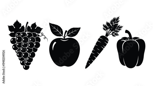 A black and white illustration of a variety of fresh fruits and vegetables including grapes, an apple, a carrot, and a bell pepper