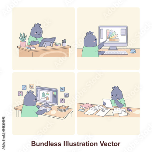 Adorable monster designer bundle showing digital drawing, color palette selection, graphic editing, and creative sketching in a modern flat vector illustration style