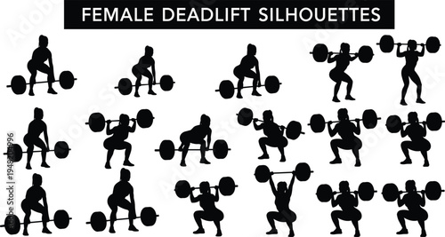 Female deadlift and barbell squat workout silhouettes set, woman weightlifting strength training poses collection isolated on white background for fitness, gym exercise and sport design
