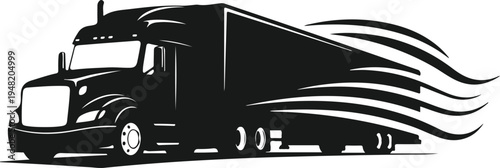 Silhouette of a moving truck with stylized motion lines indicating speed and transportation services concept