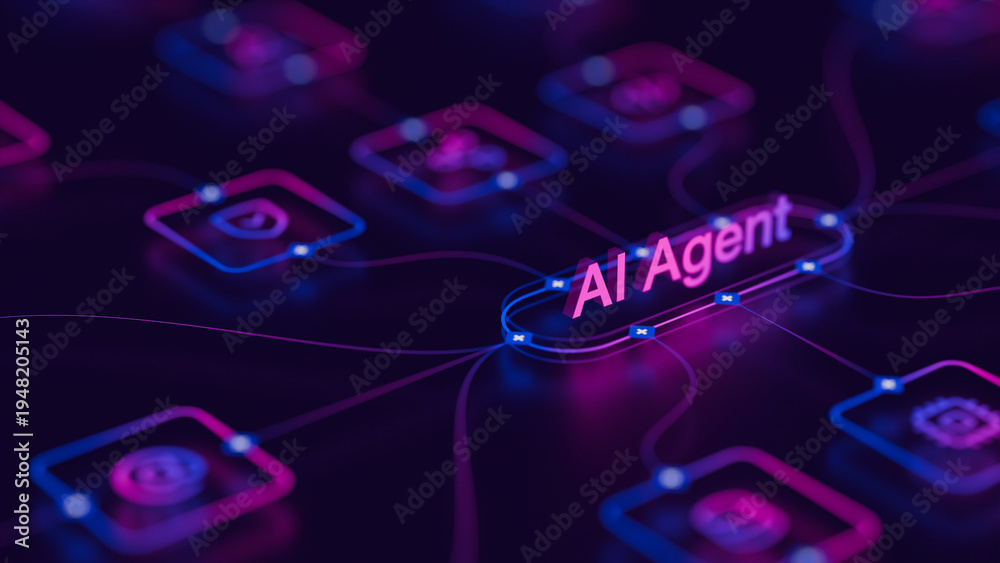 Fototapeta premium AI agentic workflow automation artificial intelligence agent software interface nodes triggers data tool dashboard coding icon flow process database technology 3d rendering.