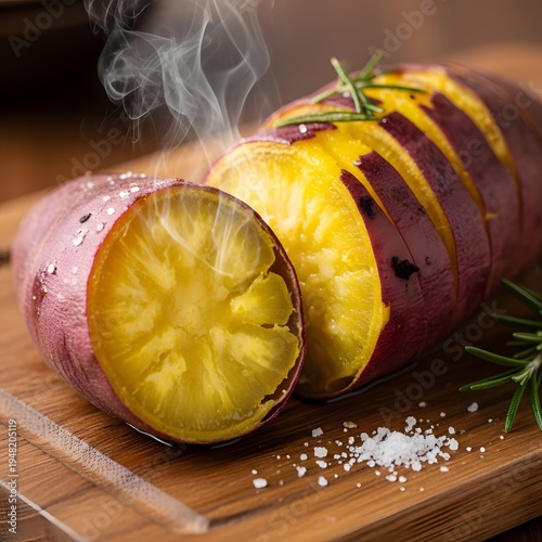 Steaming Sweet Potato Slices on Wooden Cutting Board with Rosemary and Salt