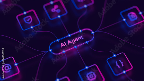 AI agentic workflow automation artificial intelligence agent software interface nodes triggers data tool dashboard coding icon flow process database technology 3d rendering.