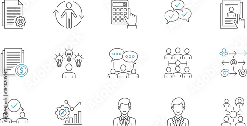 Business icons, productivity symbols, document management, financial calculation, teamwork, idea generation, workflow, leadership, communication