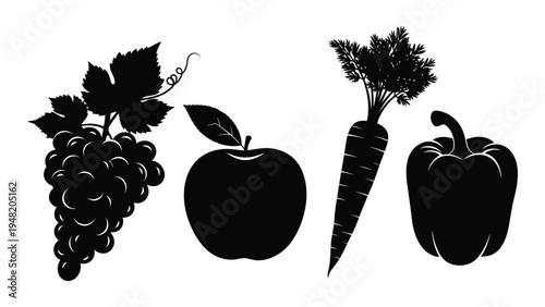 A black and white image of a variety of fresh fruits and vegetables including grapes, an apple, a carrot, and a bell pepper