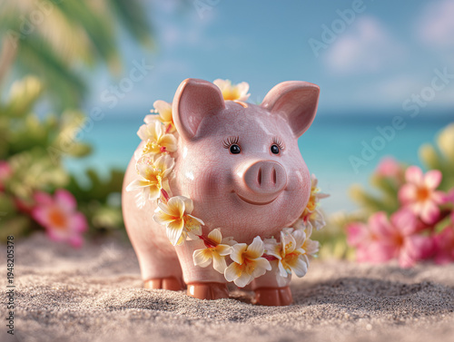 Pink Piggy Bank with Tropical Flower Lei on Sandy Beach, Savings and Vacation Concept