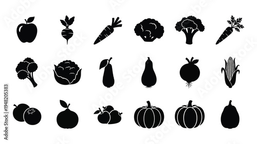 A comprehensive collection of black silhouette vegetable and fruit icons for design and educational purposes