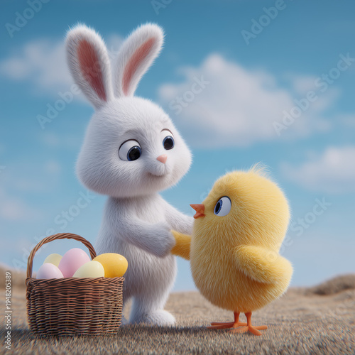 Cute Easter Bunny Shaking Hands with Yellow Chick Beside Basket of Colorful Eggs, 3D Render