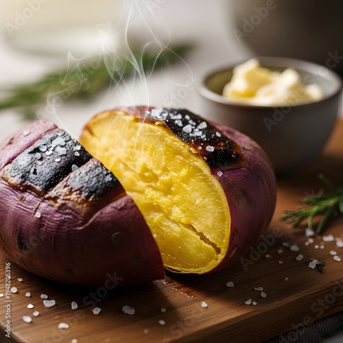 Roasted sweet potato cut in half on wooden board with melted butter and salt
