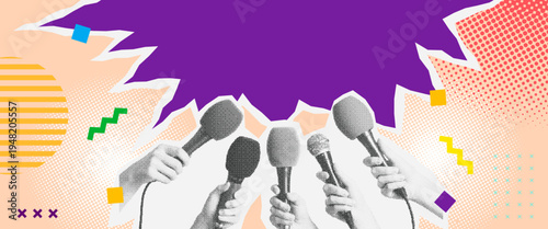 Press Conference Microphones with Hands - Pop Art Memphis Style Banner with Geometric Shapes and Halftone Patterns