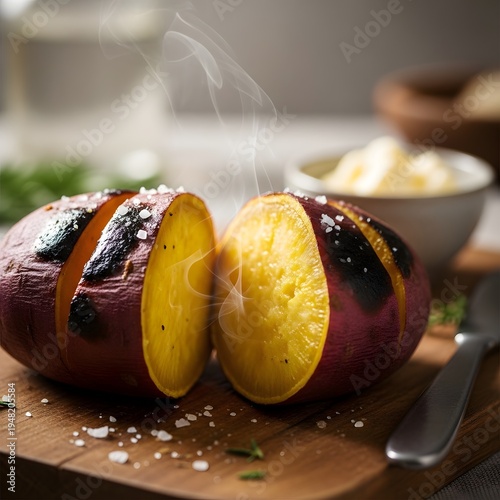 Roasted sweet potato halves on wooden cutting board with melted butter and salt