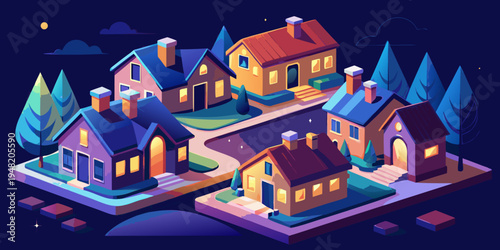 Tilt shift photography showcasing miniature houses at night, representing a peaceful residential area
