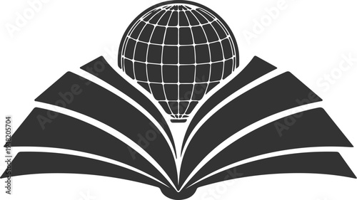 Stylized gray globe hovering above fan shaped open book pages depicting global information dissemination and high level academic research