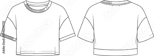 Women’s cropped t‑shirt technical fashion sketch, round neckline with ribbed detail and cuffed sleeves, vector garment illustration – flavector