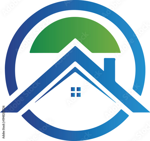 Stylized house symbol with blue roof and chimney inside large blue circular shape and green arc above it