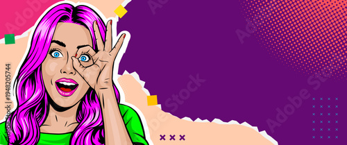 Pop Art Woman with Purple Hair Making OK Gesture - Comic Book Style Illustration with Geometric Shapes and Halftone Background