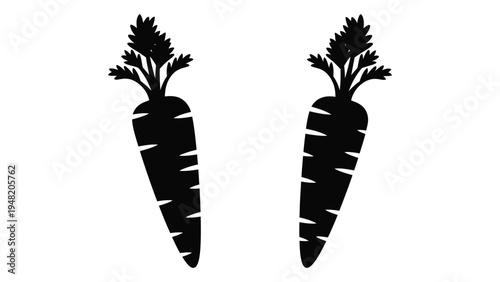 A simple yet striking illustration of two carrots with green leafy tops on a clean white background for healthy eating and vegetable-themed designs