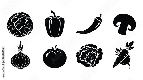 Collection of various vegetables and fruits in black and white silhouette style for food illustration and healthy eating concepts