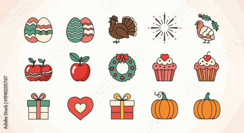 Holiday symbols and seasonal icons set