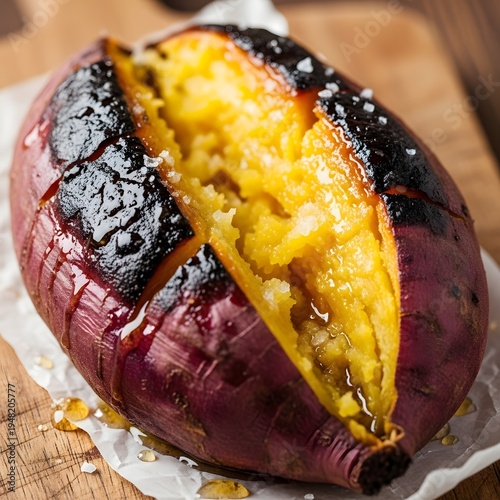 Roasted Sweet Potato Cut Open with Caramelized Exterior and Golden Interior on Wooden Surface