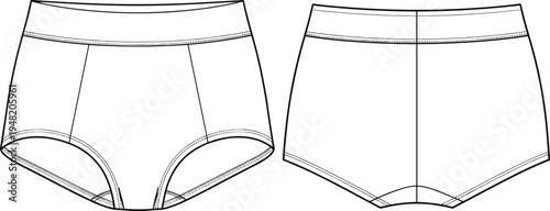 Women’s high‑waisted underwear technical flat sketch, front and back views with seam detailing, vector garment illustration for apparel design – flavector