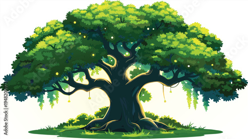A majestic, ancient oak tree with a thick, gnarled, and twisted trunk, vector illustration style.