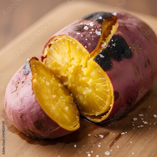 Roasted Sweet Potato Cut Open on Wooden Board with Salt