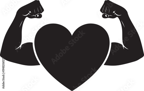 Black heart symbol with flexed muscular arms on white background also transparent background love strength