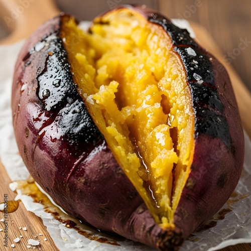 Roasted Sweet Potato Cut Open on Wooden Board with Caramelized Sugar and Sea Salt