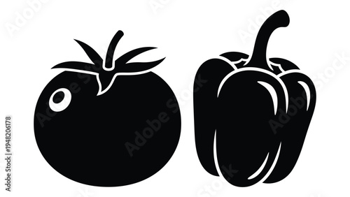 A black and white illustration of a tomato and a bell pepper side by side on a plain background, showcasing a simple yet striking visual representation of two popular vegetables.