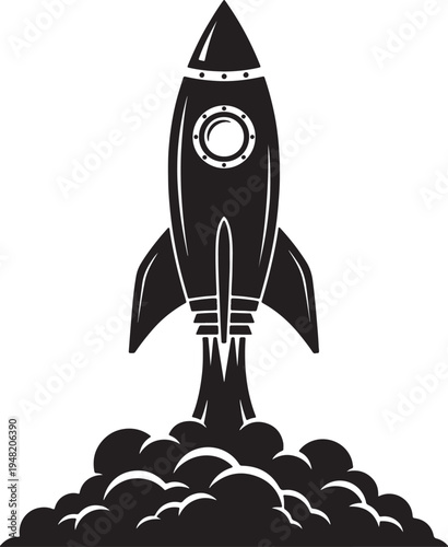 Black retro rocket ship blasting off with smoke and flames against a white background also transparent background
