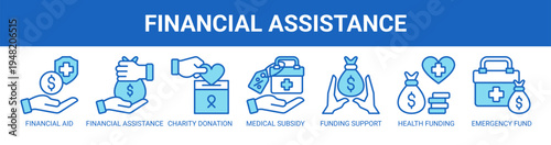 Financial Assistance web banner icon vector illustration concept with icons of financial aid, financial assistance, charity donation, medical subsidy, funding support, health funding, emergency funds.