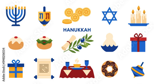 Hanukkah festive symbols and objects