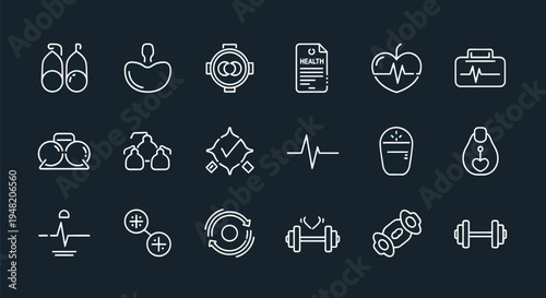 Health and wellness icon set on dark background
