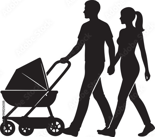 Black silhouette of a couple walking with a baby stroller also transparent background pram