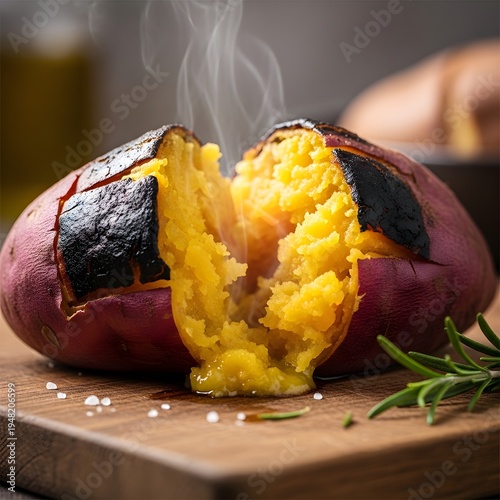 Roasted Sweet Potato Cut Open on Wooden Board with Rosemary and Salt