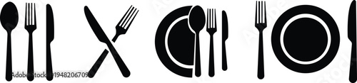 Fork, knife, spoon and plate set icons. Tableware set flat style. Dinner service collection. Plate, fork and knife for apps and websites. Dinner service - stock vector. See Less. isolated on transpare