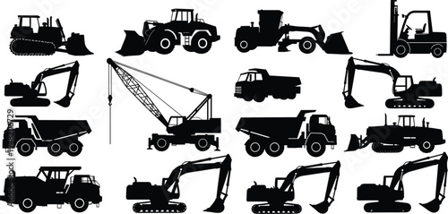 Heavy construction equipment silhouettes collection with excavator, bulldozer, crane, forklift, loader and dump truck machines isolated on white background for engineering and construction design