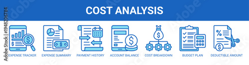 Cost Analysis web banner icon vector illustration concept with icons of expense tracker, expense summary, payment history, account balance, cost breakdown, budget plan, and deductible amount.