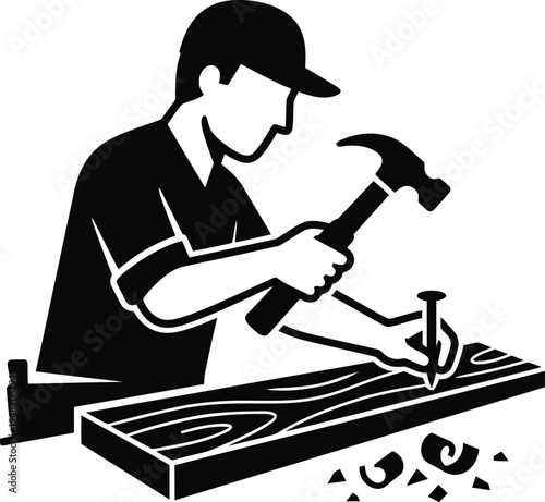 Woodworker Using Hand Plane Silhouette, Artisan Craftsman Vector Icon
