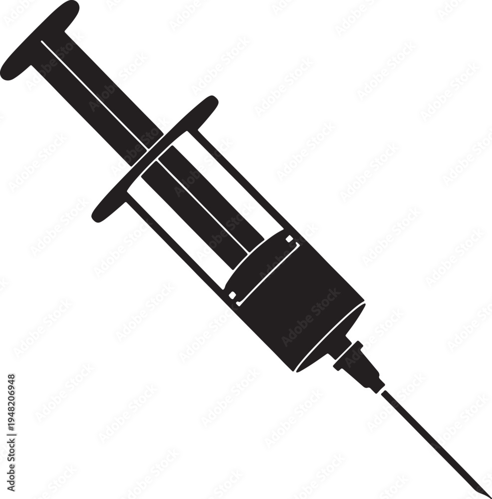 Fototapeta premium Black silhouette of a medical syringe with needle on a white background also transparent background injection