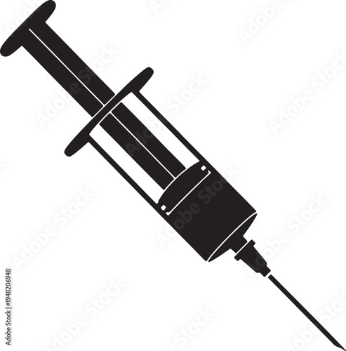 Black silhouette of a medical syringe with needle on a white background also transparent background injection