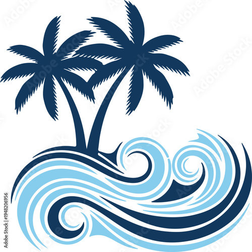 Tropical island oasis icon featuring palm trees and ocean waves depicting summer vacation travel destination