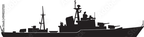 Black silhouette of a modern warship with cannons and radar mast also transparent background military
